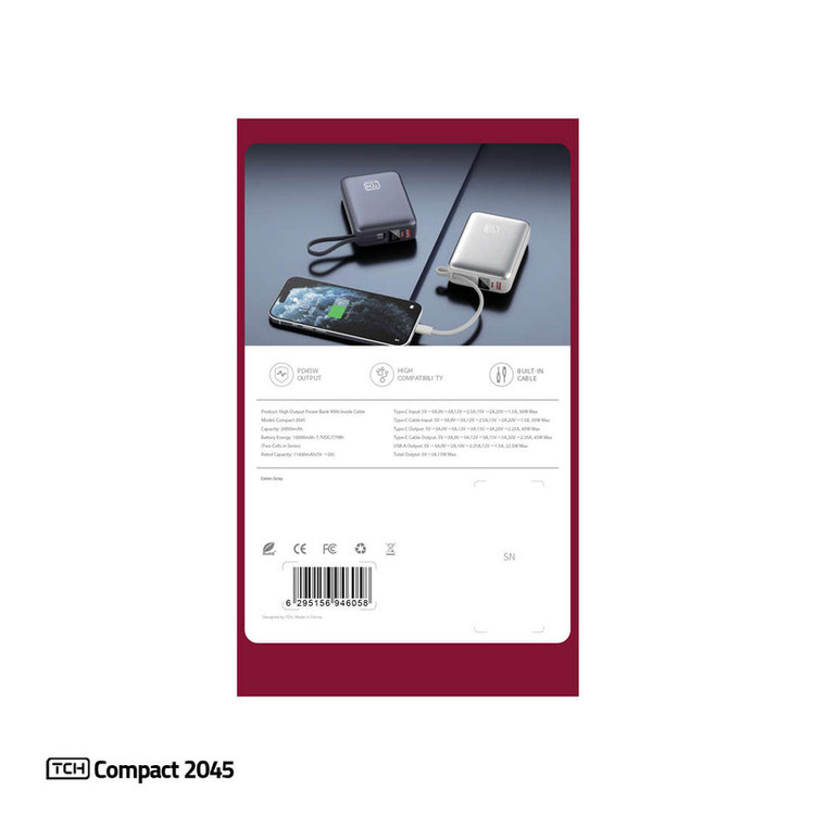 پاوربانک 45 وات تی سی اچ مدل Compact 2045 ظرفیت 20000 میلیآمپرساعت