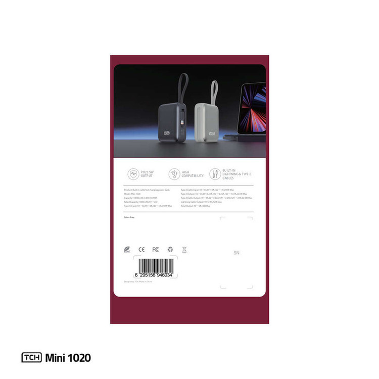 پاوربانک 22.5 وات تی سی اچ مدل Mini 1020 ظرفیت 10000 میلیآمپرساعت به همراه کابل تبدیل USB-C به لایتنینگ